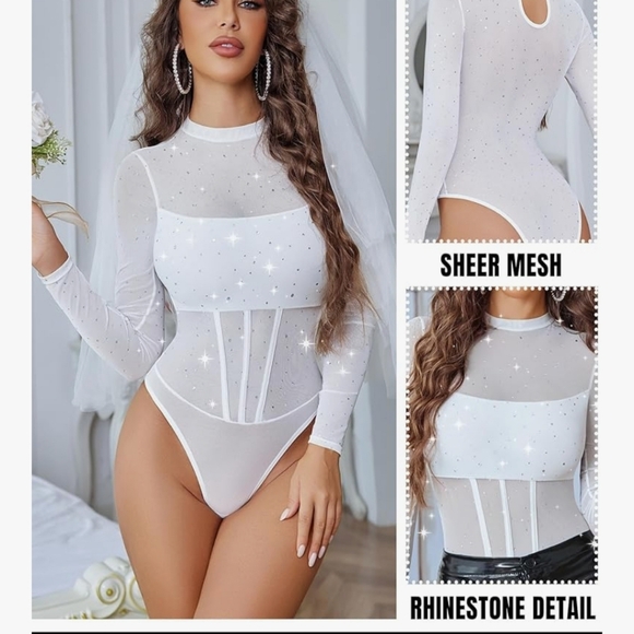 Sheer With Rhinestone Long Sleeve Bodysuit - Picture 3 of 7
